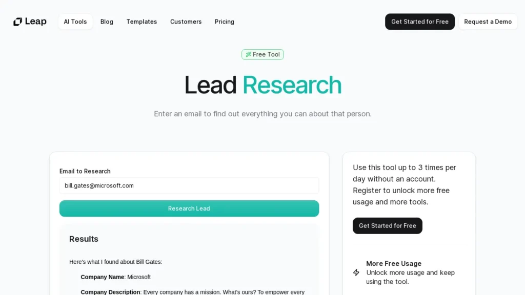 Lead Research Tool by Leap AI | Logiciel IA Gratuit